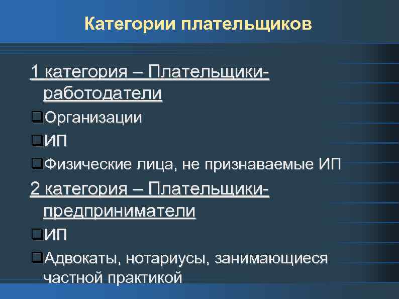 Категории плательщиков 1 категория – Плательщикиработодатели Организации ИП Физические лица, не признаваемые ИП 2