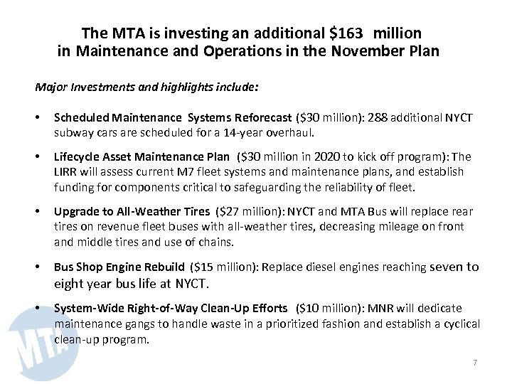 The MTA is investing an additional $163 million in Maintenance and Operations in the