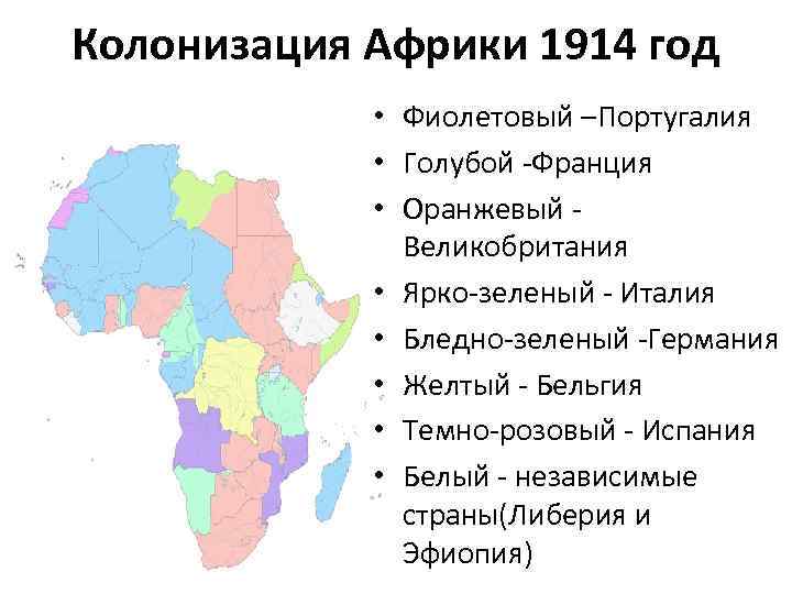 Колонизация Африки 1914 год • Фиолетовый –Португалия • Голубой -Франция • Оранжевый Великобритания •