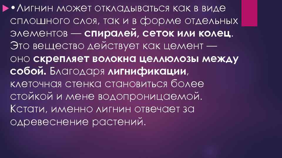  • Лигнин может откладываться как в виде сплошного слоя, так и в форме