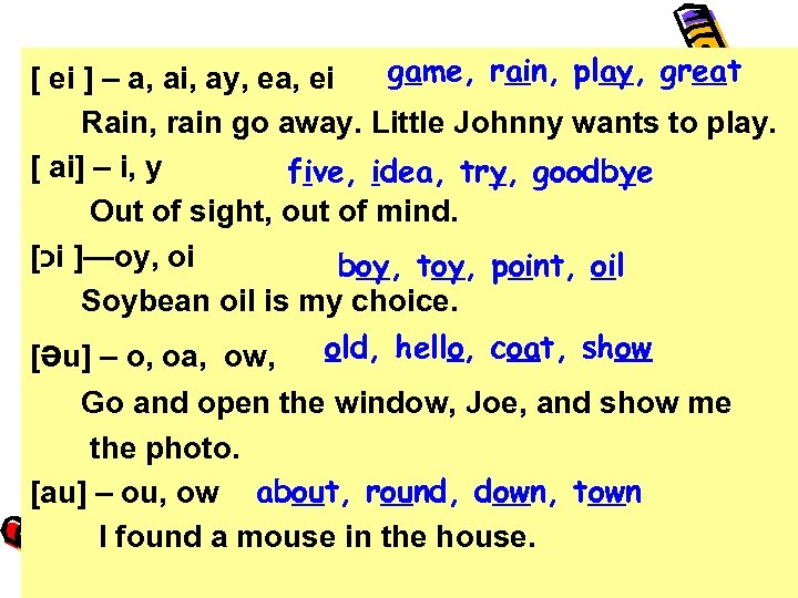 game, rain, play, great [ ei ] – a, ai, ay, ea, ei Rain,