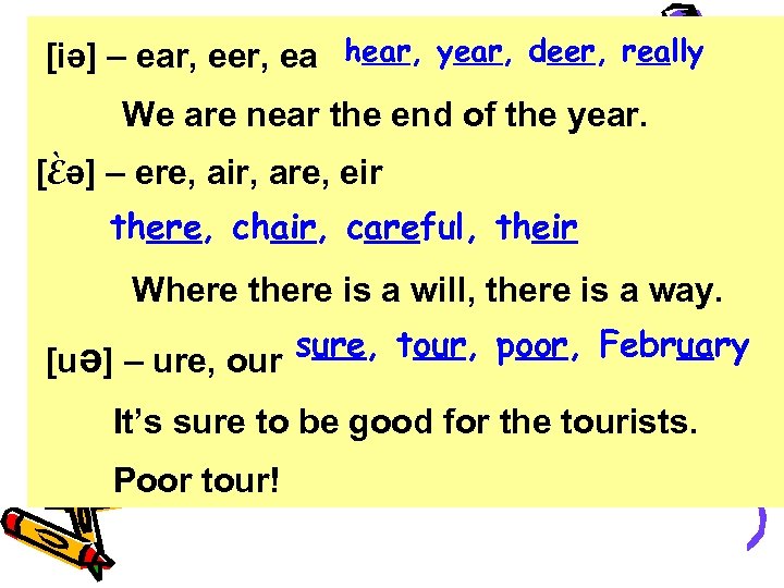 [iə] – ear, eer, ea hear, year, deer, really We are near the end