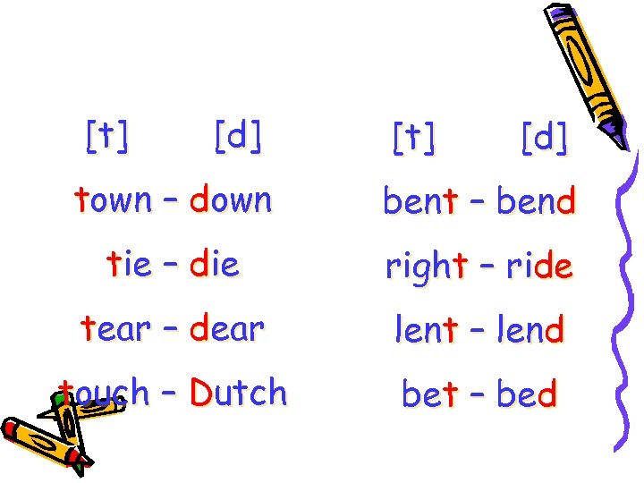 [t] [d] town – down bent – bend tie – die right – ride