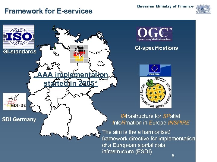 Bavarian Ministry of Finance Framework for E-services GI-specifications GI-standards „AAA implementation started in 2005“