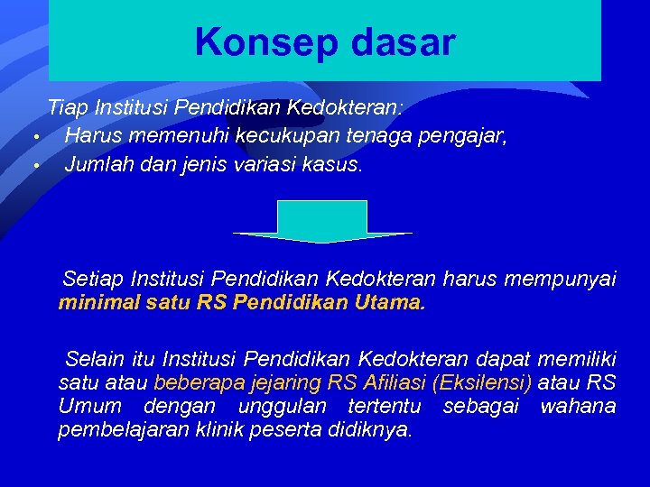 Konsep dasar Tiap Institusi Pendidikan Kedokteran: • Harus memenuhi kecukupan tenaga pengajar, • Jumlah