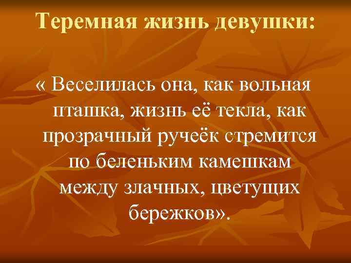 Теремная жизнь девушки: « Веселилась она, как вольная пташка, жизнь её текла, как прозрачный