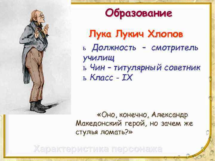 Образование Лука Лукич Хлопов ь Должность – смотритель училищ ь Чин – титулярный советник