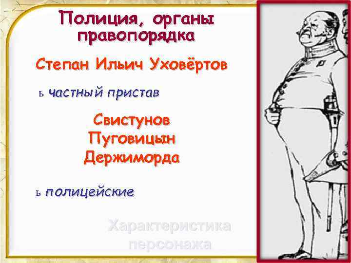 Полиция, органы правопорядка Степан Ильич Уховёртов ь частный пристав Свистунов Пуговицын Держиморда ь полицейские