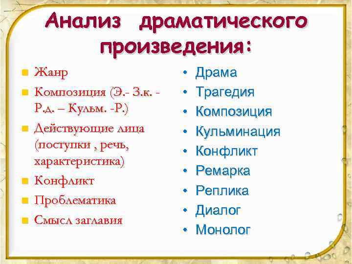 Анализ драматического произведения: n n n Жанр Композиция (Э. - З. к. Р. д.