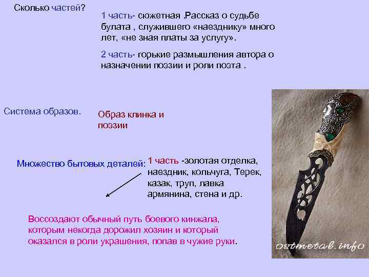 Сколько частей? 1 часть- сюжетная. Рассказ о судьбе булата , служившего «наезднику» много лет,