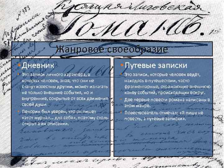 Жанровое своеобразие • Дневник • Путевые записки • Это записи личного характера, в которых