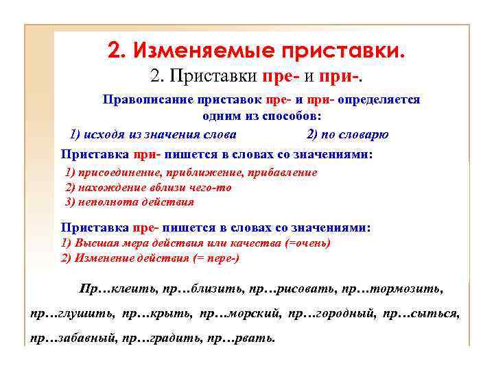 2. Изменяемые приставки. 2. Приставки пре- и при-. Правописание приставок пре- и при- определяется