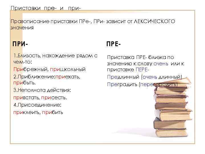 Приставки пре- и при. Правописание приставки ПРе-, ПРи- зависит от ЛЕКСИЧЕСКОГО значения ПРИ- ПРЕ-