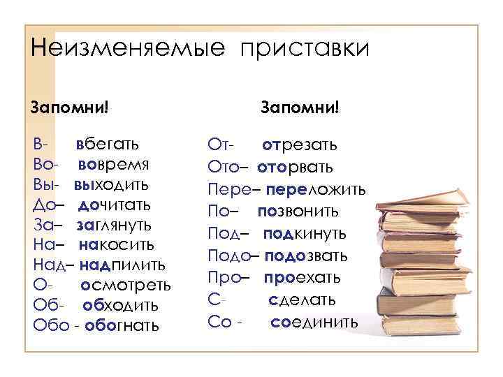 Неизменяемые приставки Запомни! Ввбегать Во- вовремя Вы- выходить До– дочитать За– заглянуть На– накосить