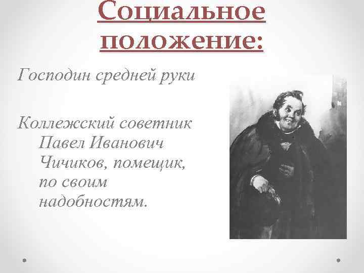 Социальное положение: Господин средней руки Коллежский советник Павел Иванович Чичиков, помещик, по своим надобностям.