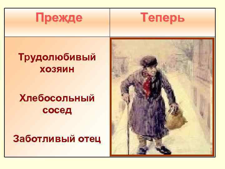  Прежде Трудолюбивый хозяин Хлебосольный сосед Заботливый отец Теперь 