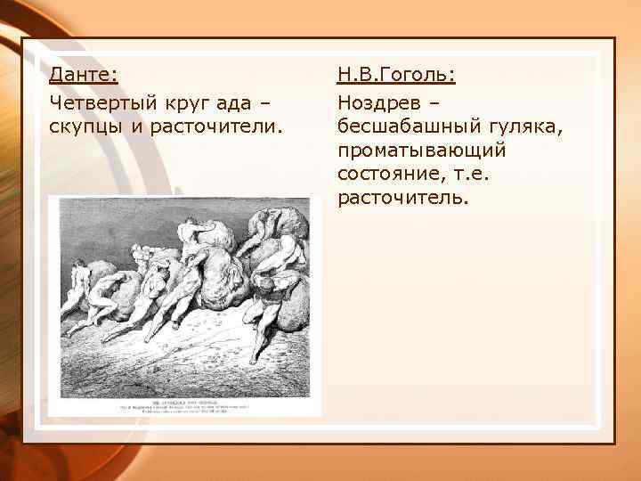 Данте: Четвертый круг ада – скупцы и расточители. Н. В. Гоголь: Ноздрев – бесшабашный