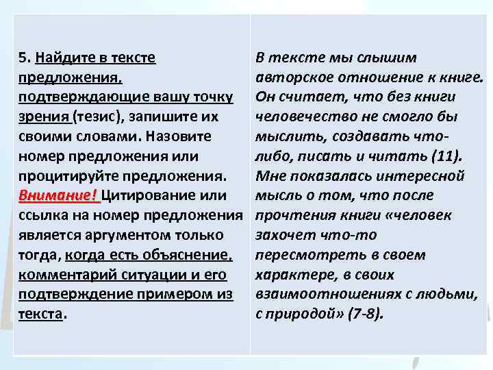 5. Найдите в тексте предложения, подтверждающие вашу точку зрения (тезис), запишите их своими словами.