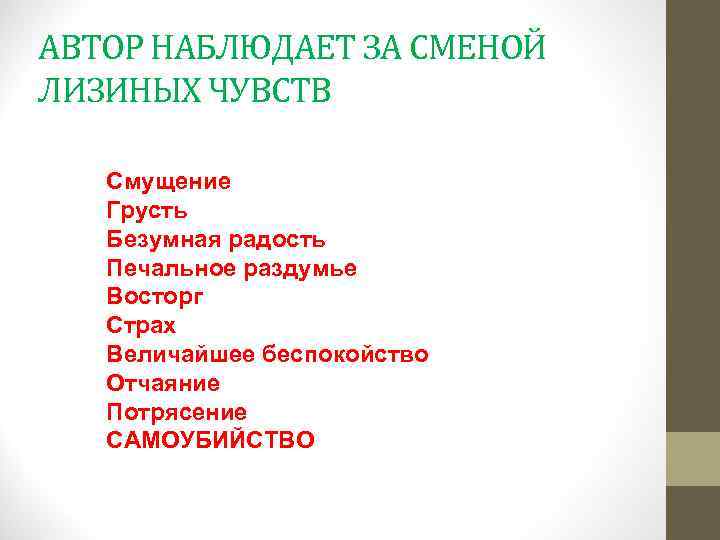 АВТОР НАБЛЮДАЕТ ЗА СМЕНОЙ ЛИЗИНЫХ ЧУВСТВ Смущение Грусть Безумная радость Печальное раздумье Восторг Страх