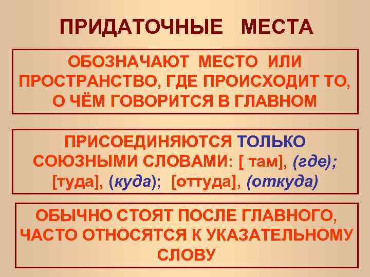 ПРИДАТОЧНЫЕ МЕСТА ОБОЗНАЧАЮТ МЕСТО ИЛИ ПРОСТРАНСТВО, ГДЕ ПРОИСХОДИТ ТО, О ЧЁМ ГОВОРИТСЯ В ГЛАВНОМ