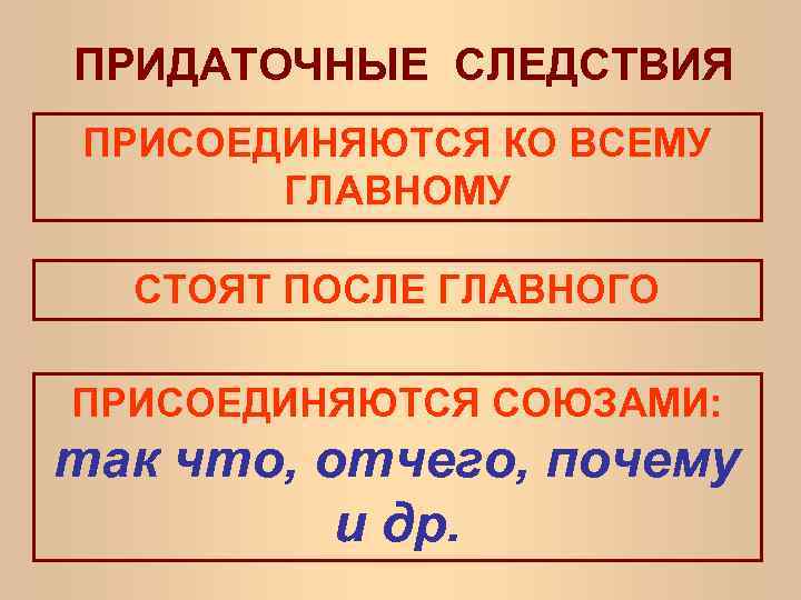 ПРИДАТОЧНЫЕ СЛЕДСТВИЯ ПРИСОЕДИНЯЮТСЯ КО ВСЕМУ ГЛАВНОМУ СТОЯТ ПОСЛЕ ГЛАВНОГО ПРИСОЕДИНЯЮТСЯ СОЮЗАМИ: так что, отчего,