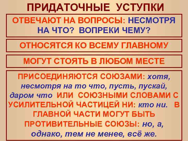 ПРИДАТОЧНЫЕ УСТУПКИ ОТВЕЧАЮТ НА ВОПРОСЫ: НЕСМОТРЯ НА ЧТО? ВОПРЕКИ ЧЕМУ? ОТНОСЯТСЯ КО ВСЕМУ ГЛАВНОМУ