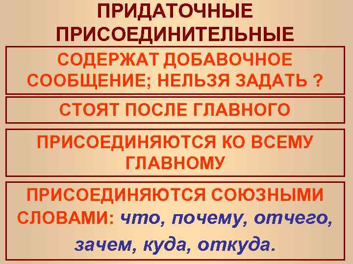 ПРИДАТОЧНЫЕ ПРИСОЕДИНИТЕЛЬНЫЕ СОДЕРЖАТ ДОБАВОЧНОЕ СООБЩЕНИЕ; НЕЛЬЗЯ ЗАДАТЬ ? СТОЯТ ПОСЛЕ ГЛАВНОГО ПРИСОЕДИНЯЮТСЯ КО ВСЕМУ