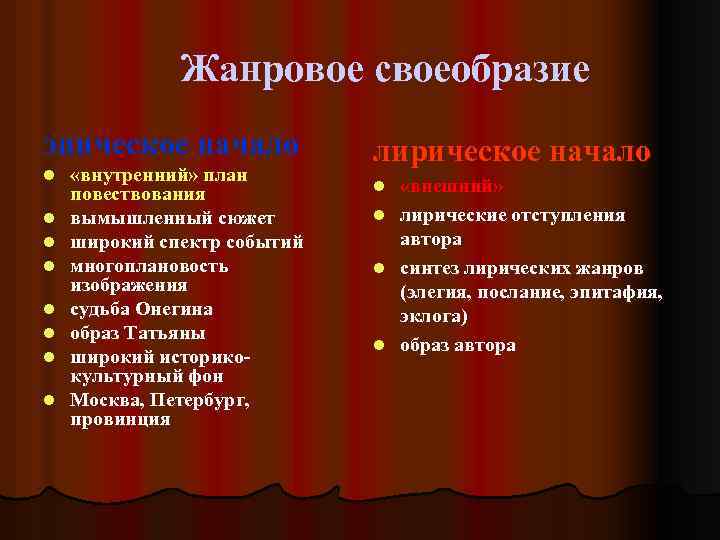 Жанровое своеобразие эпическое начало l l l l «внутренний» план повествования вымышленный сюжет широкий