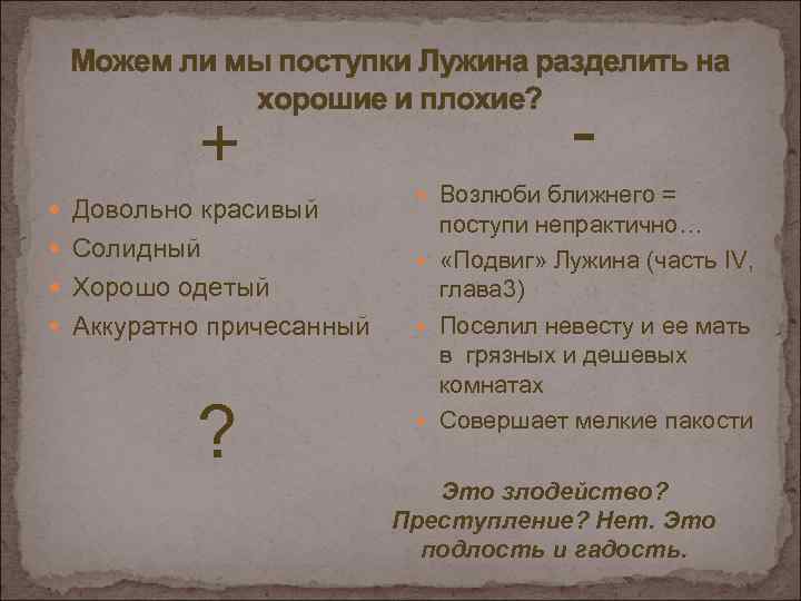 Можем ли мы поступки Лужина разделить на хорошие и плохие? + Довольно красивый Солидный