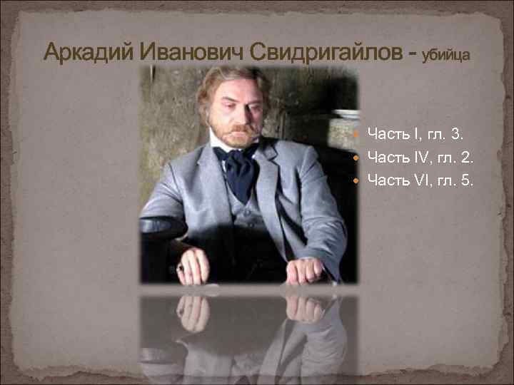 Аркадий Иванович Свидригайлов - убийца Часть I, гл. 3. Часть IV, гл. 2. Часть