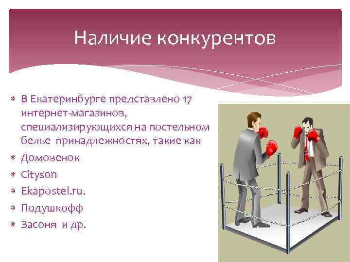 Наличие конкурентов В Екатеринбурге представлено 17 интернет-магазинов, специализирующихся на постельном белье принадлежностях, такие как