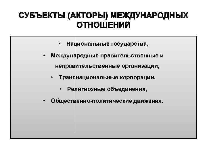  • Национальные государства, • Международные правительственные и неправительственные организации, • Транснациональные корпорации, •