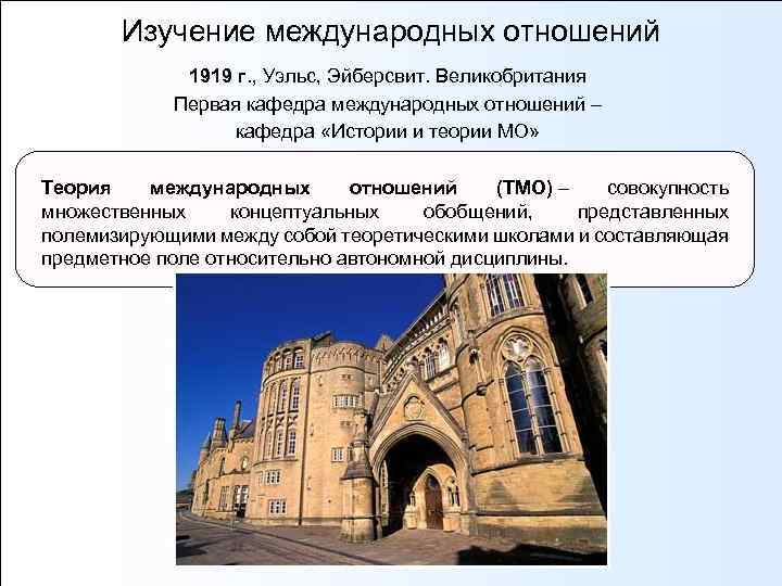 Изучение международных отношений 1919 г. , Уэльс, Эйберсвит. Великобритания Первая кафедра международных отношений –