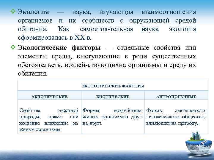 v Экология — наука, изучающая взаимоотношения организмов и их сообществ с окружающей средой обитания.