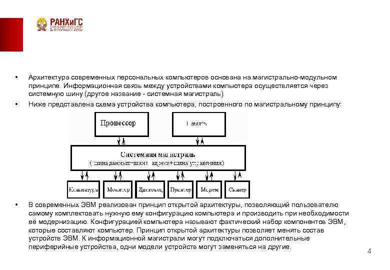  • • • Архитектура современных персональных компьютеров основана на магистрально-модульном принципе. Информационная связь
