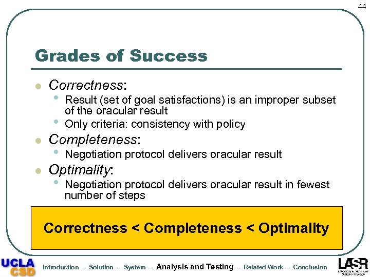 44 Grades of Success l l l Correctness: • • Result (set of goal