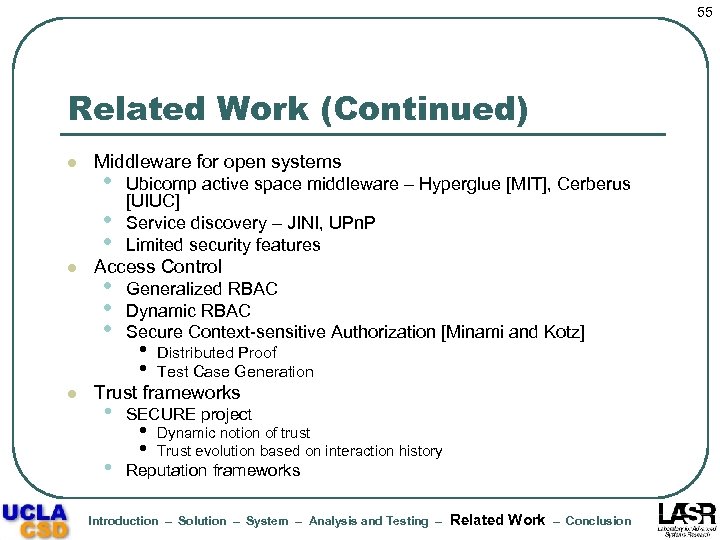 55 Related Work (Continued) l l l Middleware for open systems • • •