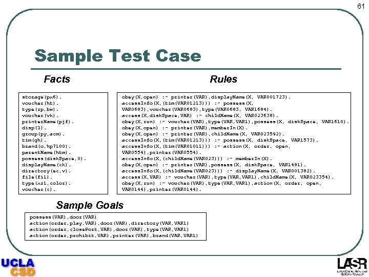 61 Sample Test Case Rules Facts storage(px 6). voucher(ht). type(zp, bw). voucher(vk). printer. Name(pjf).