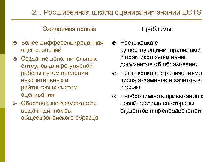 2 Г. Расширенная шкала оценивания знаний ECTS Ожидаемая польза J J J Более дифференцированная