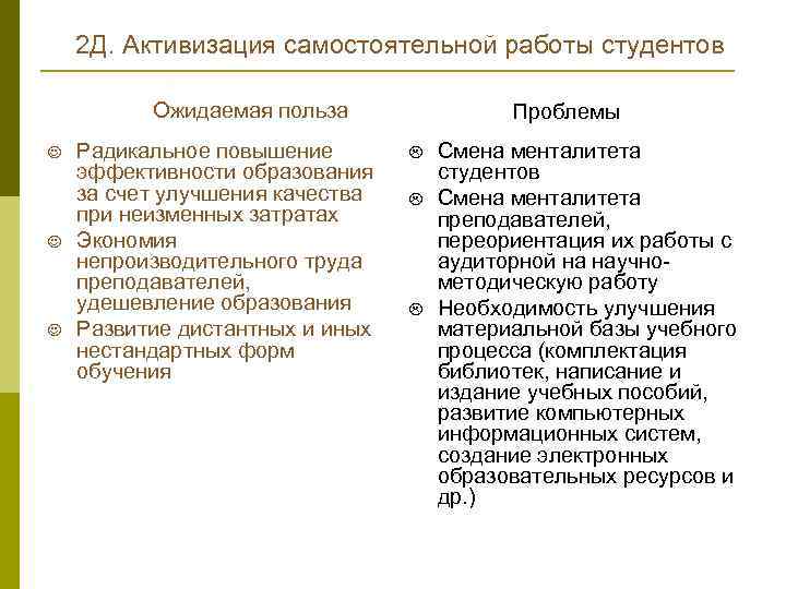 2 Д. Активизация самостоятельной работы студентов Ожидаемая польза J J J Радикальное повышение эффективности
