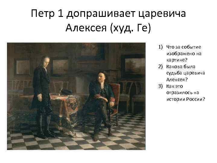 Описание картины петр 1 допрашивает царевича алексея петровича в петергофе обществознание 6 класс