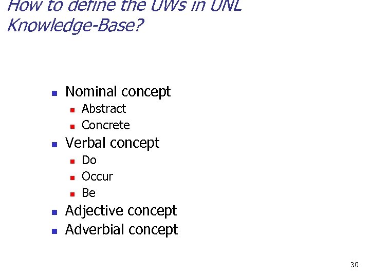 How to define the UWs in UNL Knowledge-Base? n Nominal concept n n n