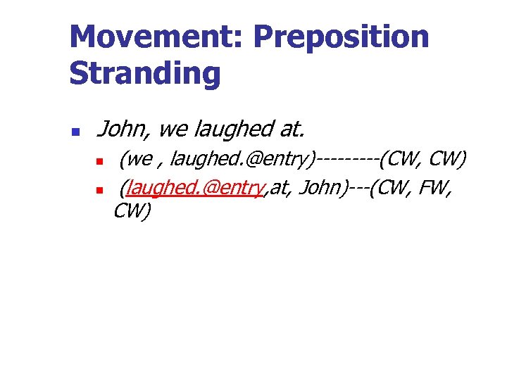 Movement: Preposition Stranding n John, we laughed at. n n (we , laughed. @entry)-----(CW,