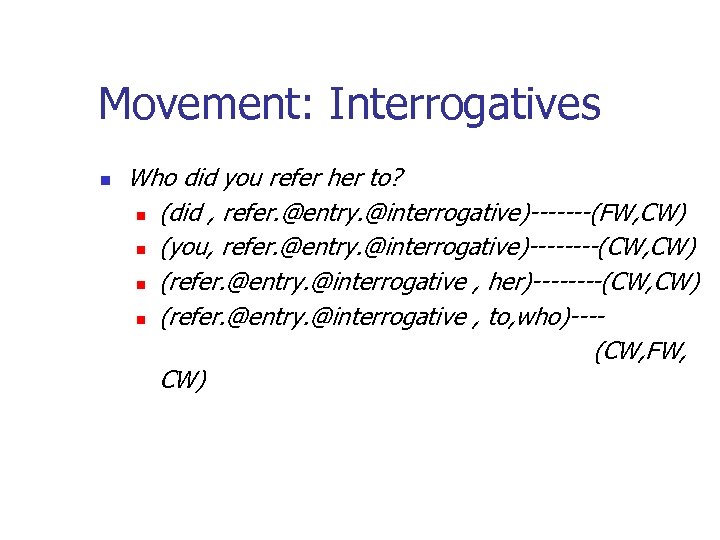 Movement: Interrogatives n Who did you refer her to? n (did , refer. @entry.