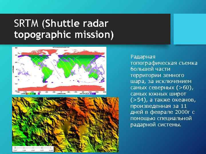 SRTM (Shuttle radar topographic mission) Радарная топографическая съемка большей части территории земного шара, за