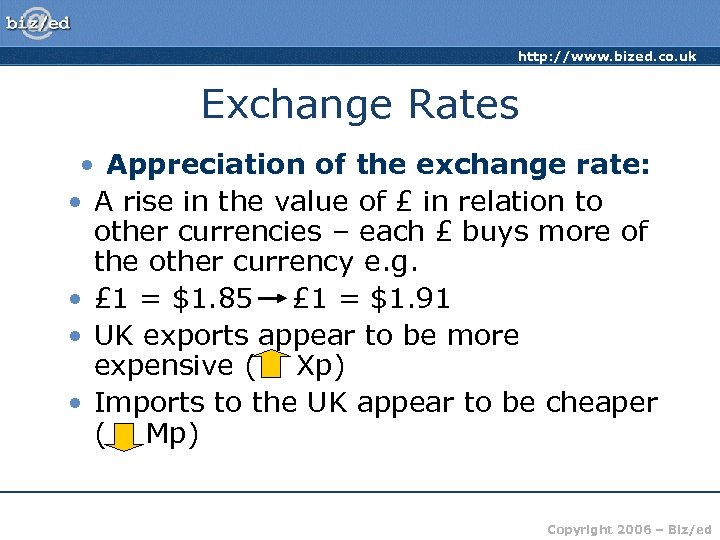 http: //www. bized. co. uk Exchange Rates • Appreciation of the exchange rate: •