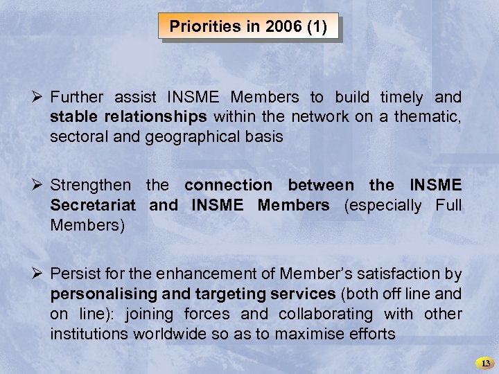 INSME – International 2006 (1) for SMEs Priorities in Network Ø Further assist INSME