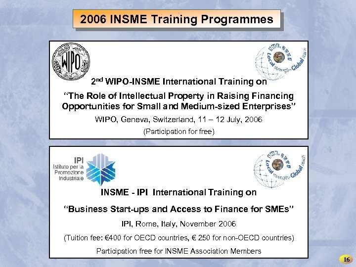 INSME – International Network for SMEs 2006 INSME Training Programmes 2 nd WIPO-INSME International
