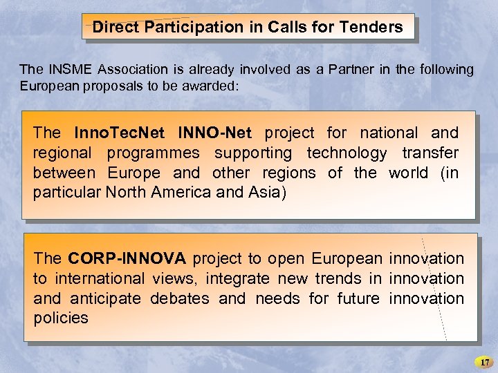 INSME – International Network for SMEs Direct Participation in Calls for Tenders The INSME