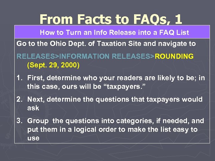 From Facts to FAQs, 1 How to Turn an Info Release into a FAQ